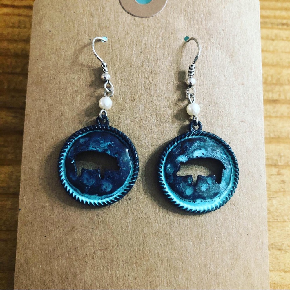 Blue Patina Pig Earrings